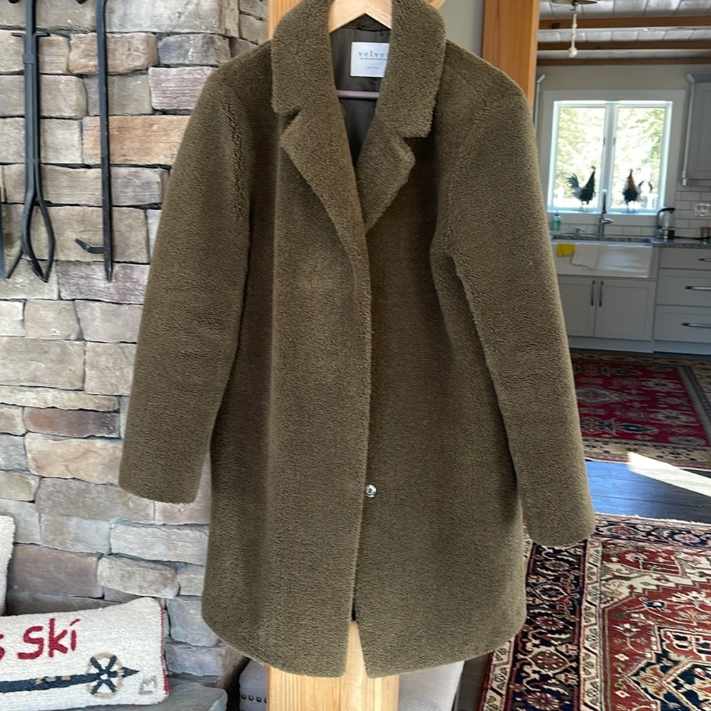 Velvet, green teddy coat, size M